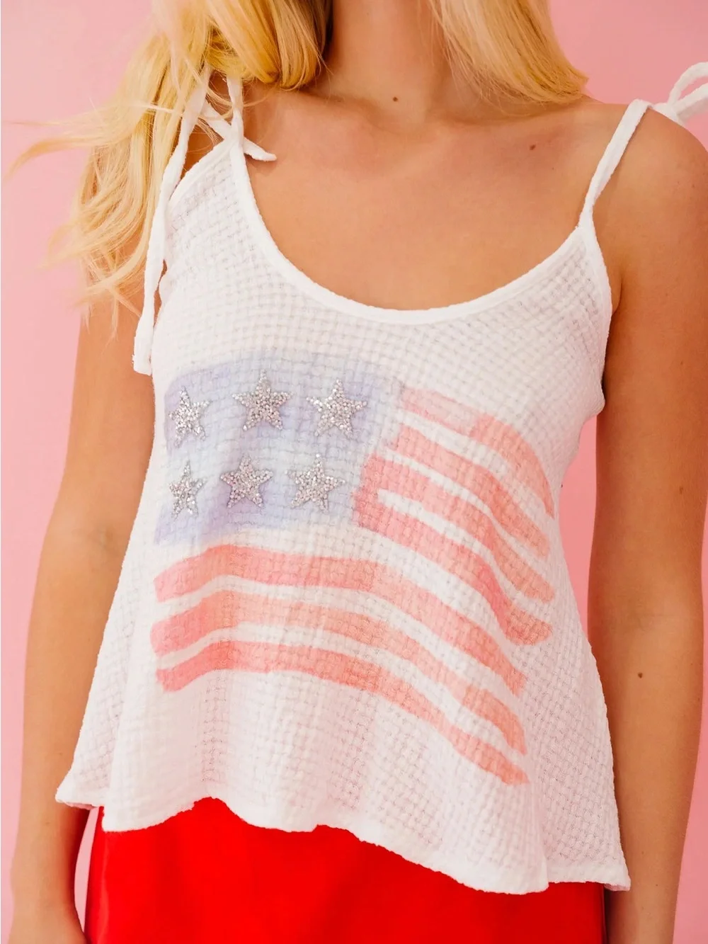 Judith March White Waffle Tie-Strap Tank with Red & Blue Flag Print